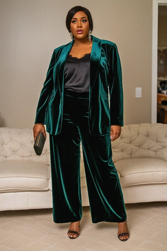 Plus Size Emerald Velvet Suit Birthday Fall Outfit