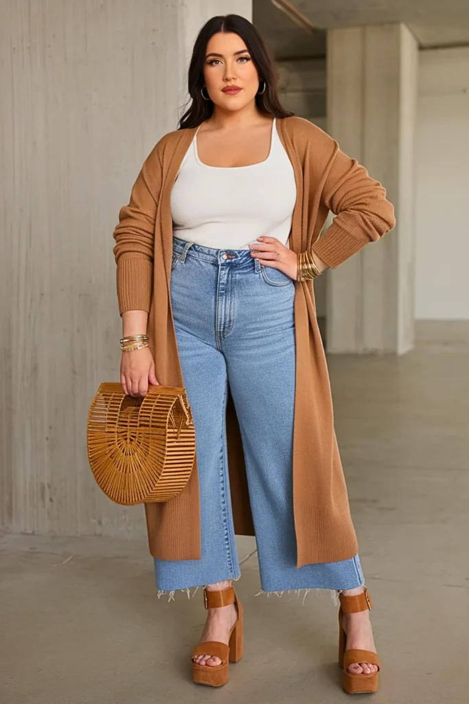 Plus Size Cardigan Coat Wide Leg Jeans Fall Outfit