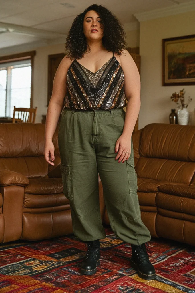 Plus Size Embellished Top and Cargo Pants Fall Outfit