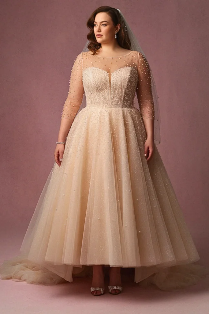 Champagne Illusion Neckline Pearl-Embellished Wedding Dress