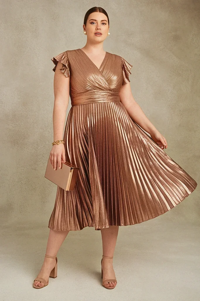 Plus Size Beach Pleated Metallic Tea-Length Wedding Guest Dress