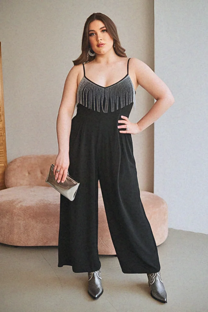 Plus Size Summer Rhinestone Fringe Jumpsuit Nashville Outfit