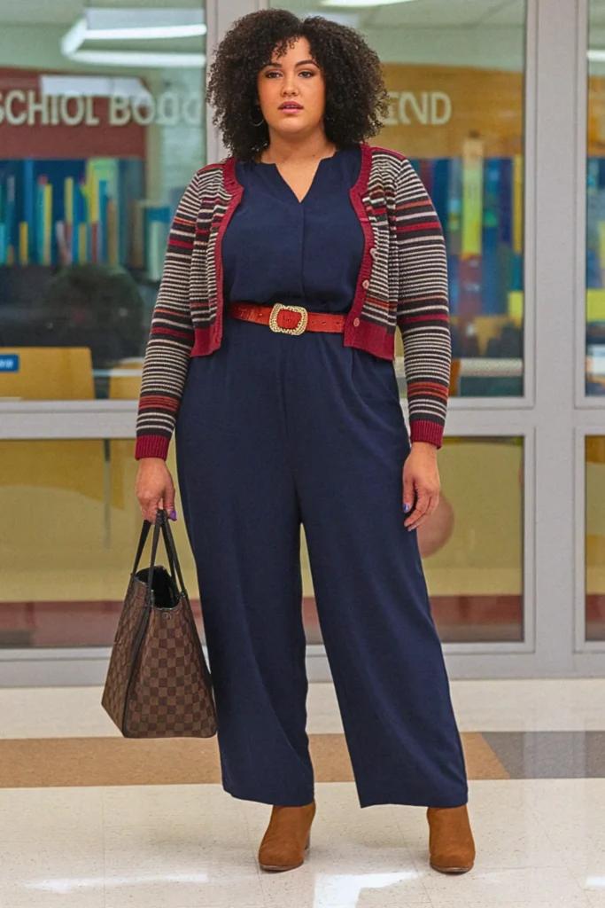Plus Size Fall Jumpsuit with Cardigan Teacher Outfit