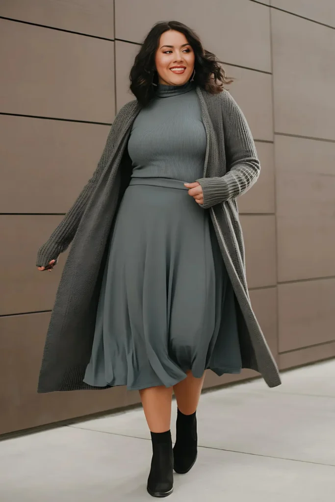 Winter Curvy Mom Midi Skirt and Turtleneck Outfit