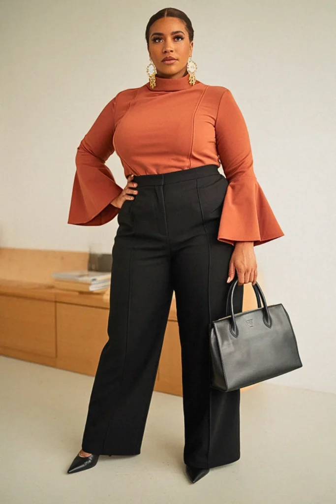 Plus Size Cute Bell Sleeve Top Chic Fall Outfit