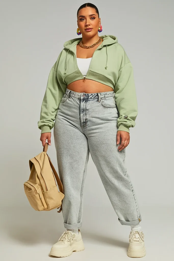 Plus Size Cropped Hoodie High Waist Jeans Fall Outfit