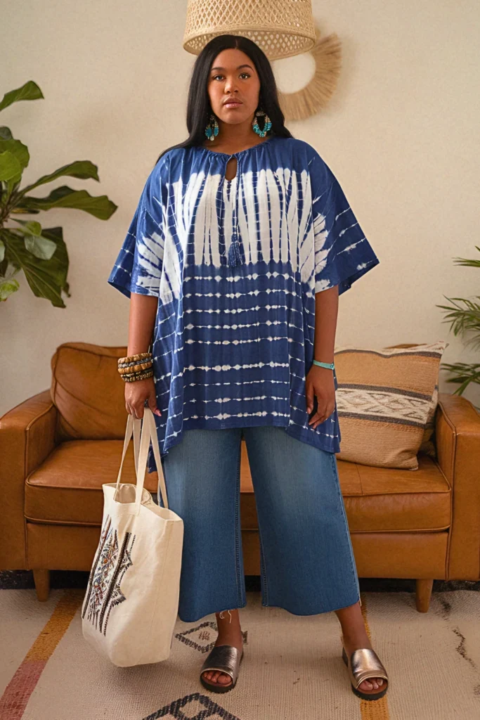 Plus Size Reverse Tie-Dye Drawstring Tunic with Cropped Wide-Leg Jeans Boho Outfit
