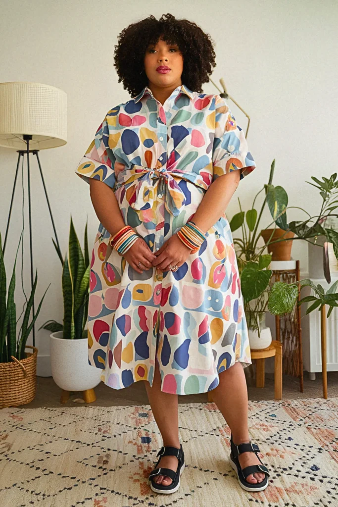 Plus Size Summer Cotton Shirt-Dress and Cycling Shorts Mom Outfit