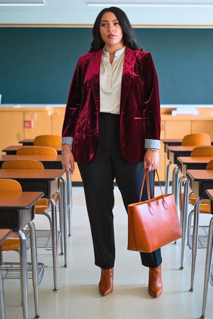 Plus Size Fall Burgundy Velvet Blazer Teacher Outfit
