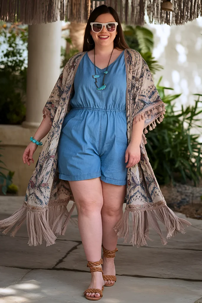 Plus Size Tassel Fringe Kimono and Chambray Romper Hippie Spring Outfit