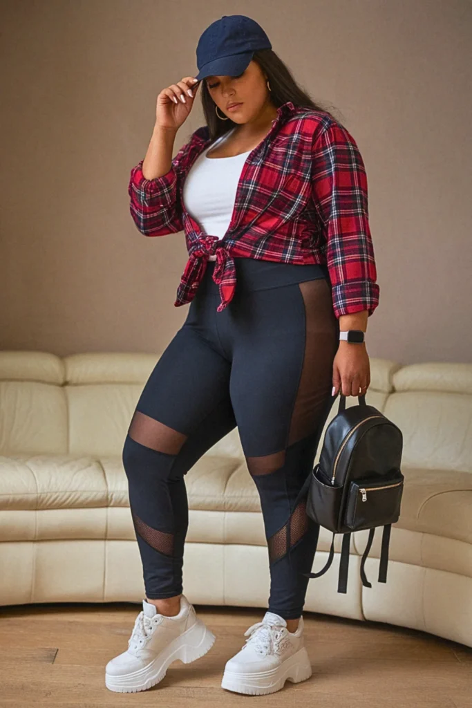 Plus Size Plaid Shirt Tied Casual Fall Outfit