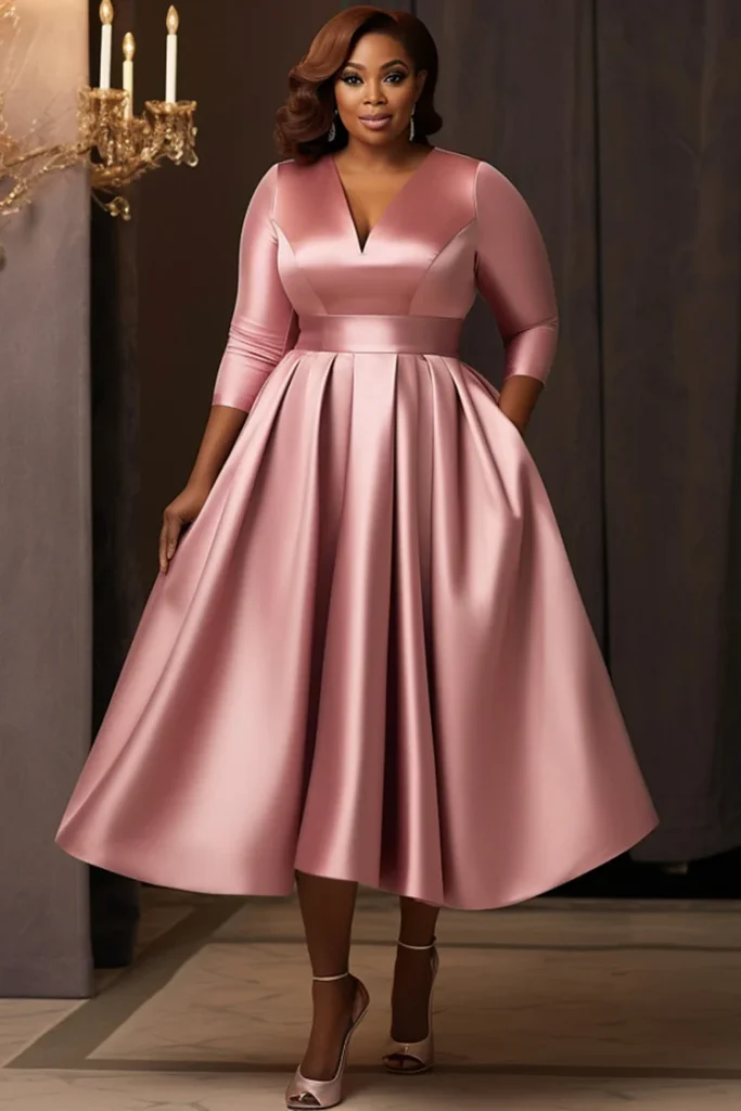 Plus Size Wedding Guest Pink V Neck 3:4 Sleeve Pocket Satin Midi Dress