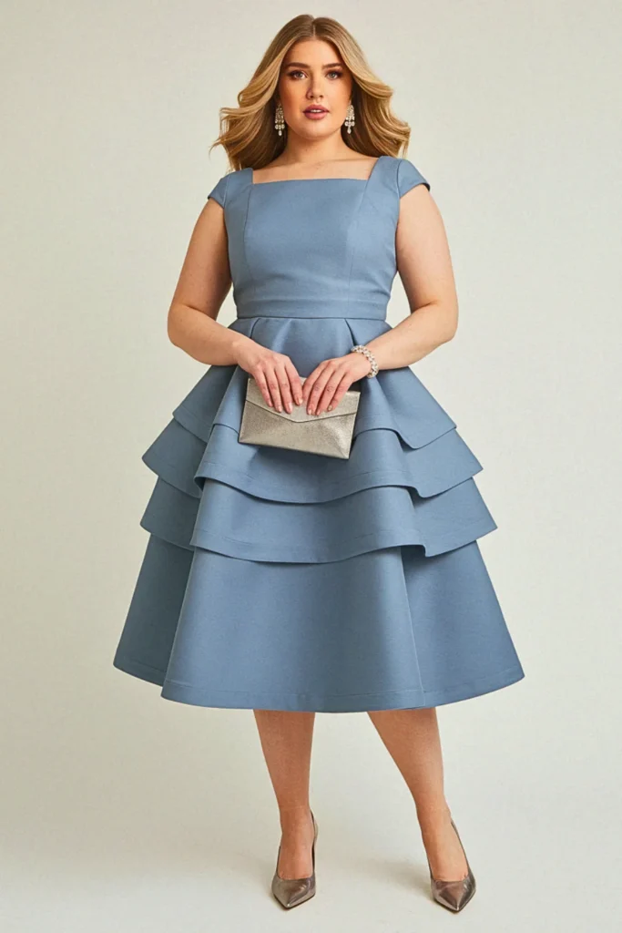 Slate Blue Tiered Cocktail Plus Size Wedding Guest Cocktail Dress