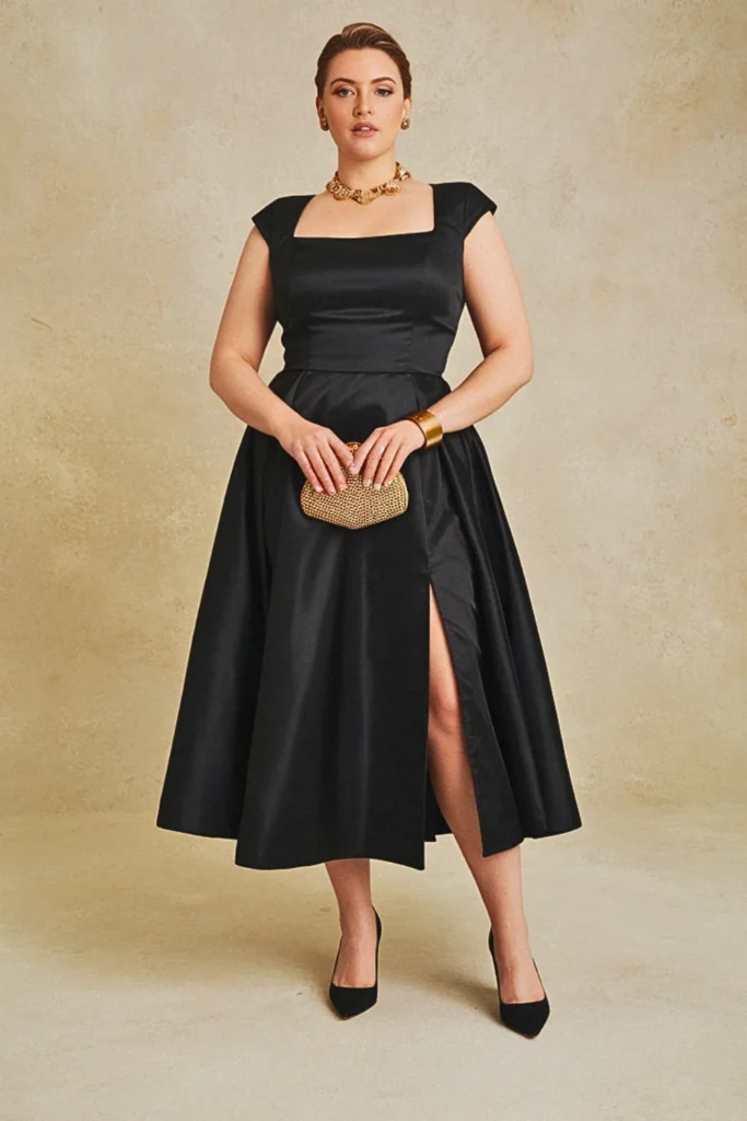 Square Neck Satin Black Wedding Guest Dress with Leg Slit