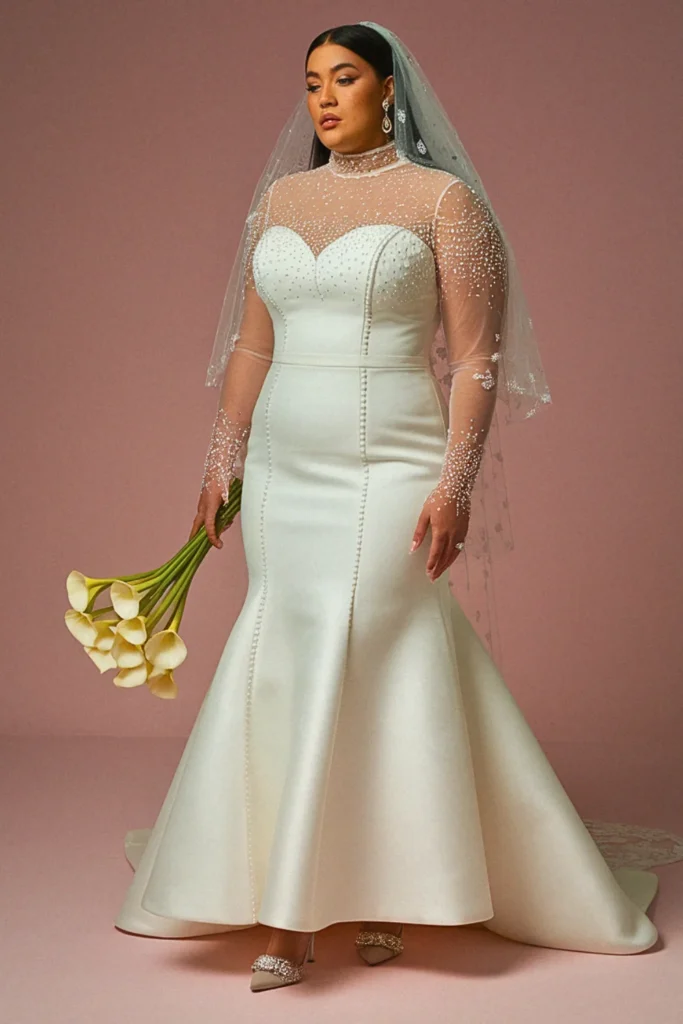 Mock Neck Illusion Yoke with Trumpet Skirt Wedding Dress