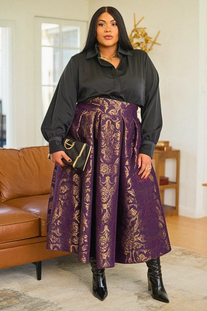 Plus Size Brocade Long Fall Skirt Outfit
