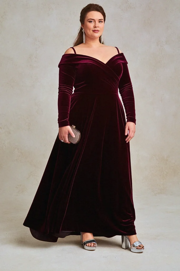 Off-Shoulder Velvet Empire Waist Plus Size Formal Wedding Guest Dress
