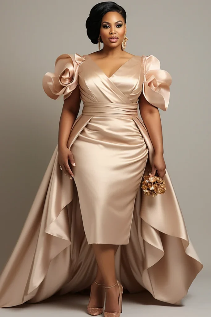 Plus Size Mother Of The Bride Champagne Short Sleeve Peplum 3D Satin Midi Dress
