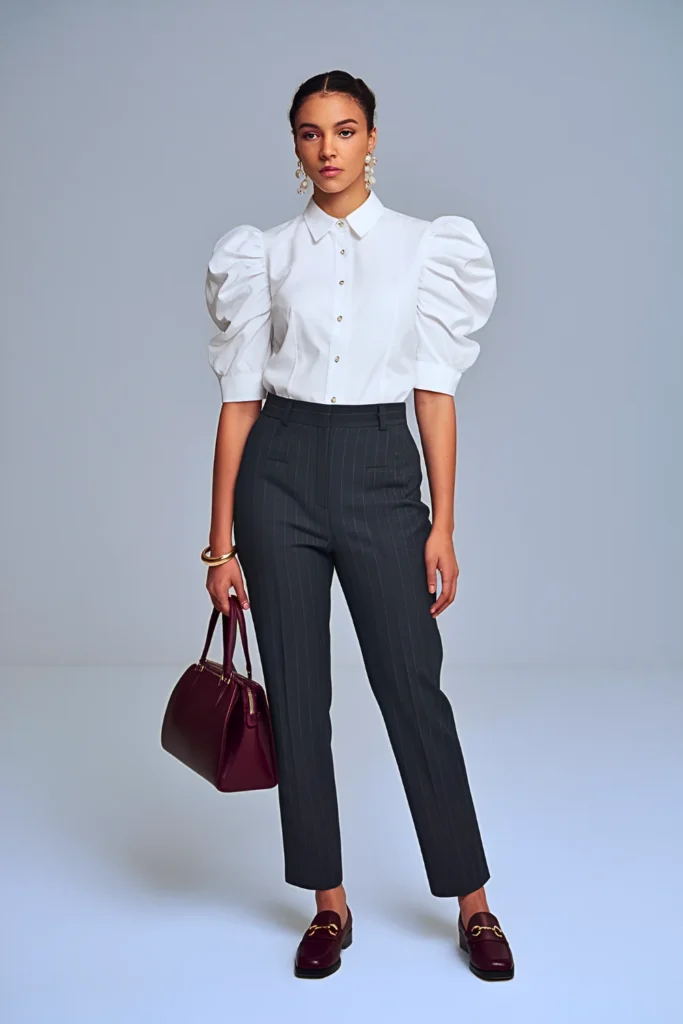 Spring Sculptural Sleeve Blouse Office Outfit