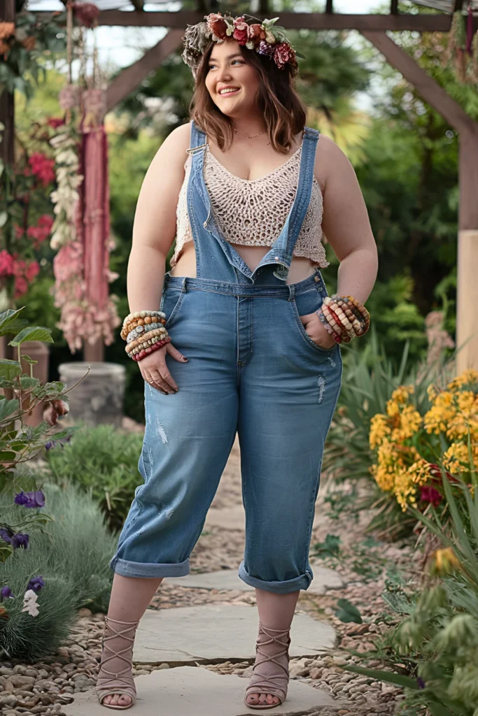 Plus Size Crochet Tank Top and Distressed Overalls Hippie Spring Outfit