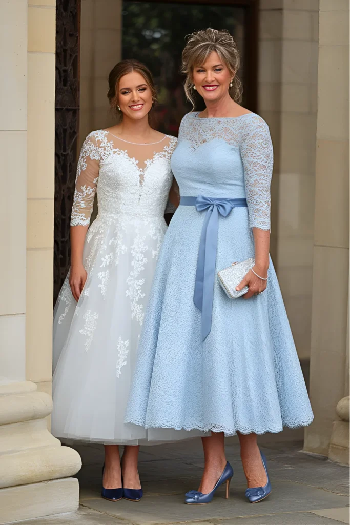 Sophisticated Blue Lace Tea Length Mother of the Bride Dress