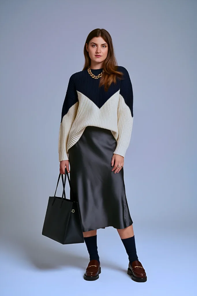 Spring Colorblock Sweater Silk Slip Skirt Office Outfit