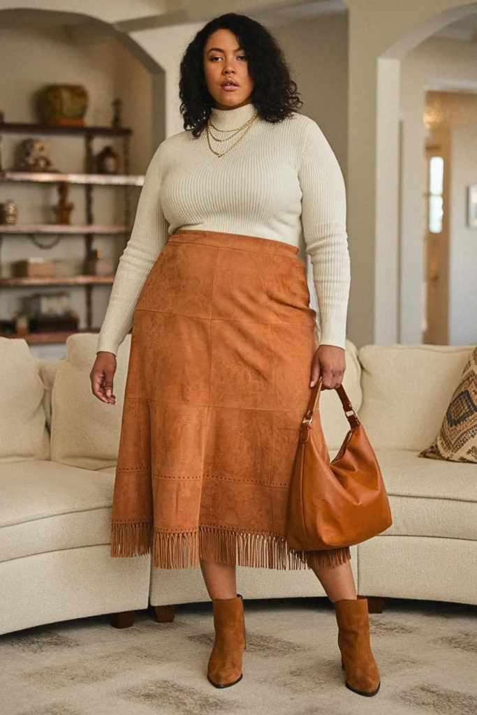 Plus Size Suede Midi Fall Skirt Outfit