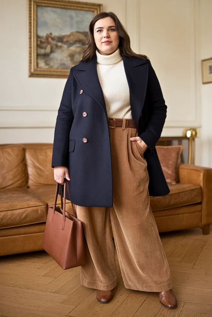 Plus Size Navy Peacoat with Corduroy Pants and Oxford Shoes Winter Outfit