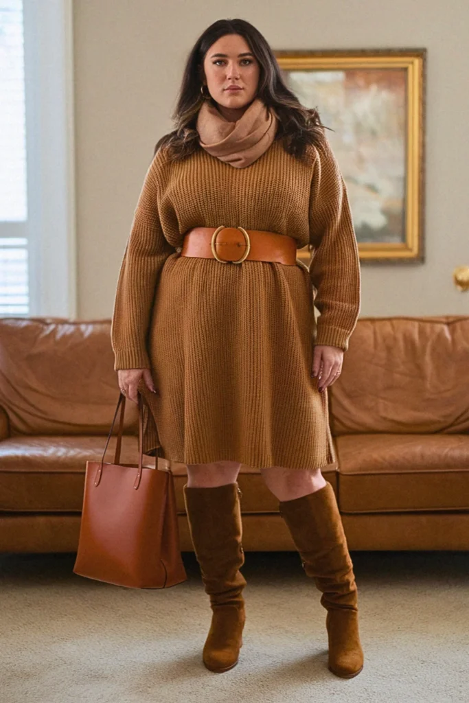 Plus Size Fall Sweater Dress Belt Combo Aesthetic Outfit