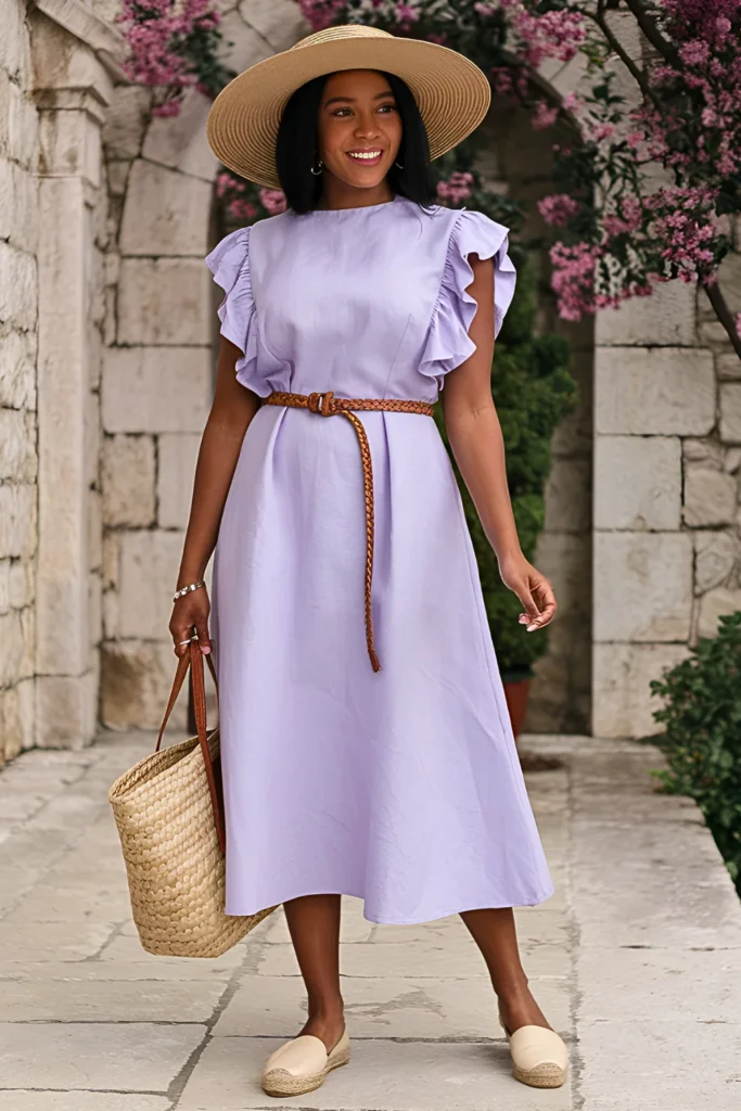 European Linen Midi Dress & Espadrille Flats Spring Outfit