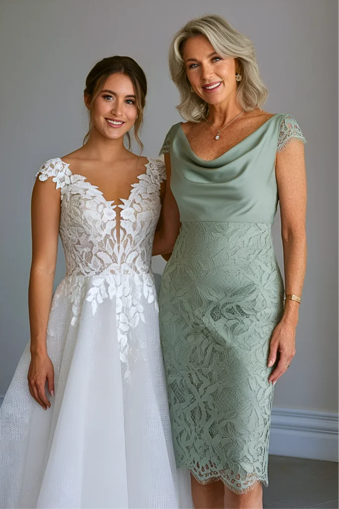 Rustic Chic Sage Green Lace Midi Mother of the Bride Dress with Cowl Neck