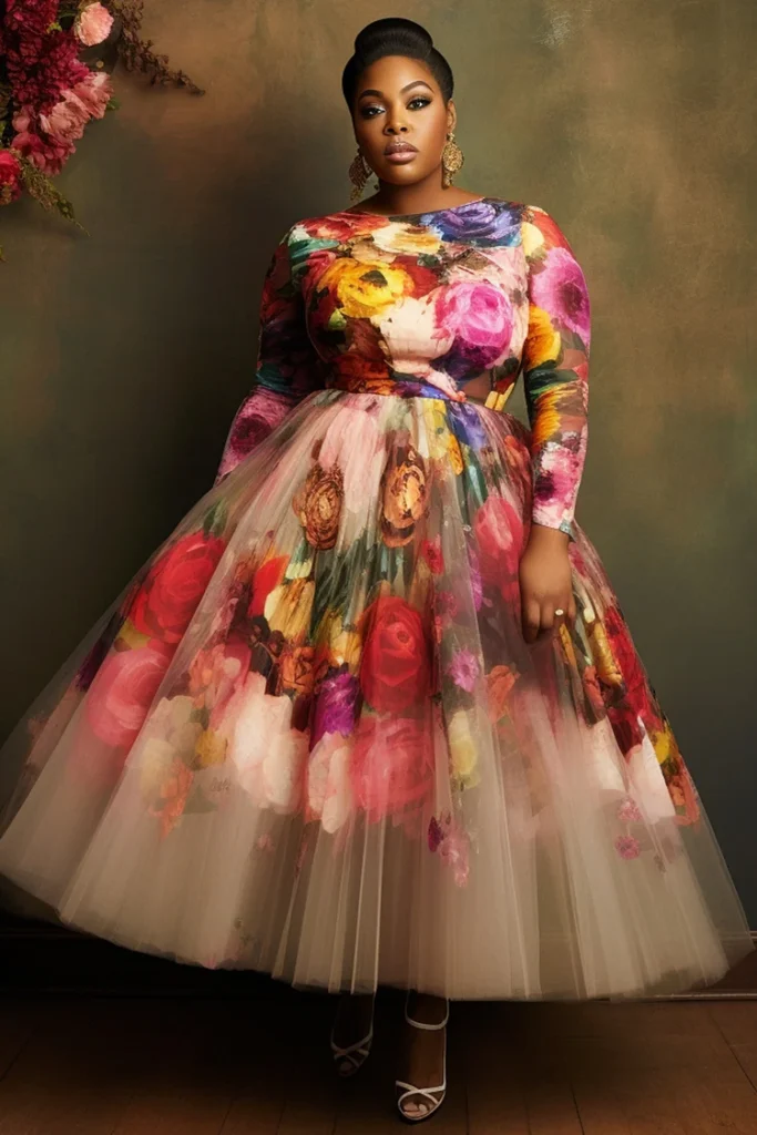Plus Size Formal Multicolor Floral Round Neck Long Sleeve Pocket Tulle Maxi Dress
