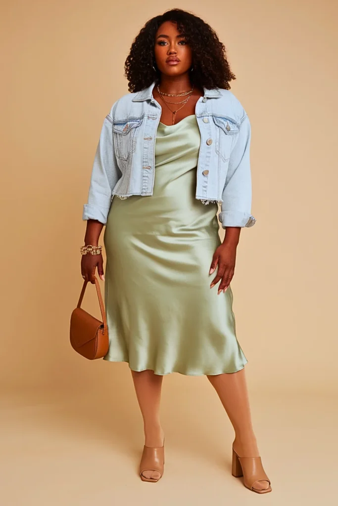 Plus Size Denim Jacket Slip Dress Fall Outfit