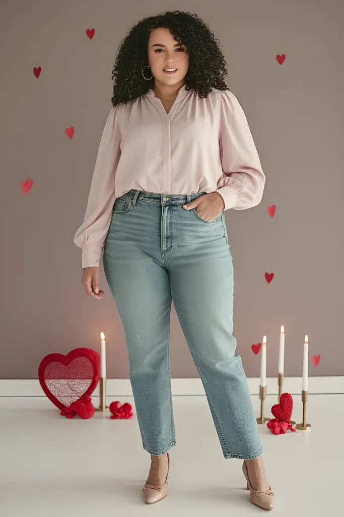 Plus Size Valentine's Light Pink Blouse Into Jeans Outfit