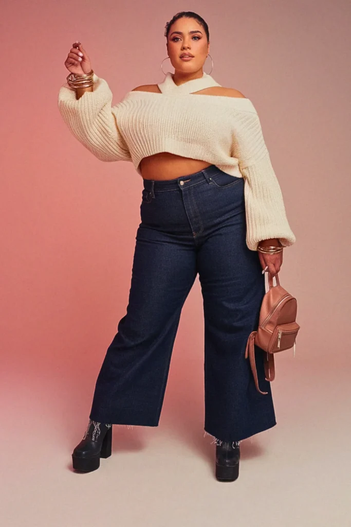 Plus Size Off-Shoulder Sweater and Wide Leg Jeans Fall Outfit