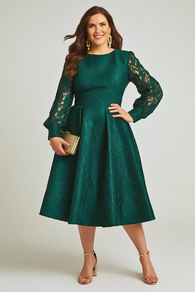 Long Sleeve Jacquard Trumpet Plus Size Formal Wedding Guest Dress
