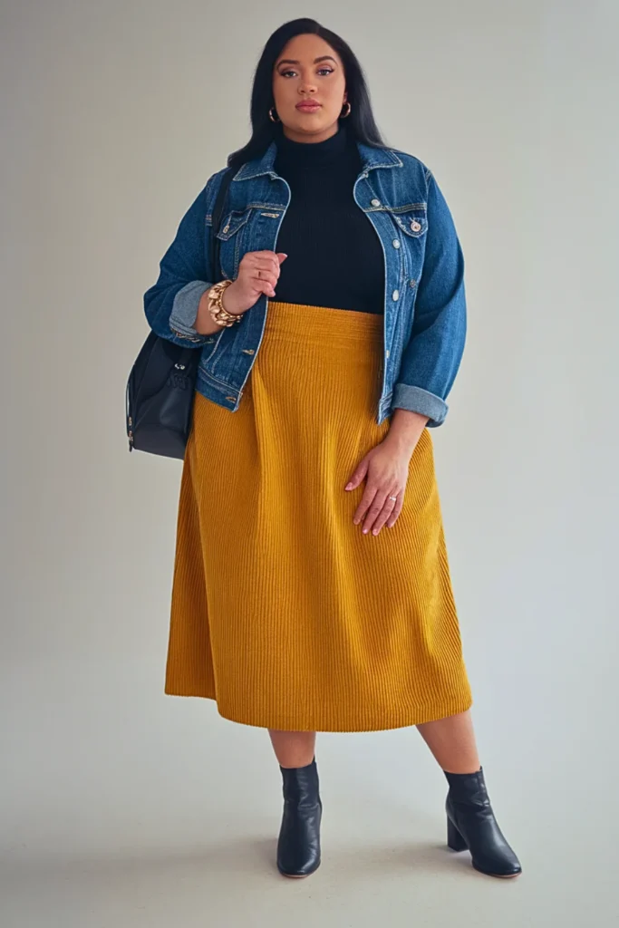 Plus Size Autumn Mustard Yellow Corduroy High-Waisted Skirt Outfit