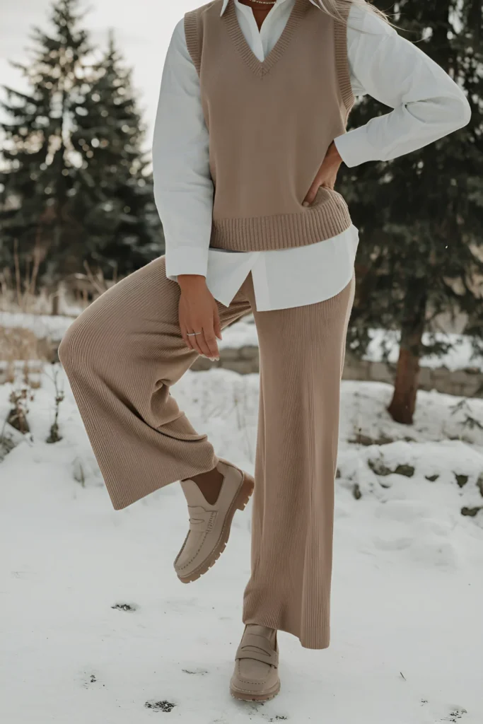 Winter sweater vest and loafer Boots Outfit