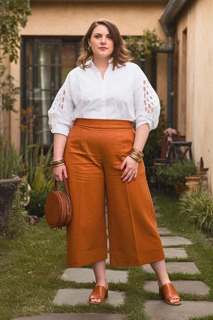 Plus Size Cotton Poplin Blouse and Cropped Pants Summer Outfit