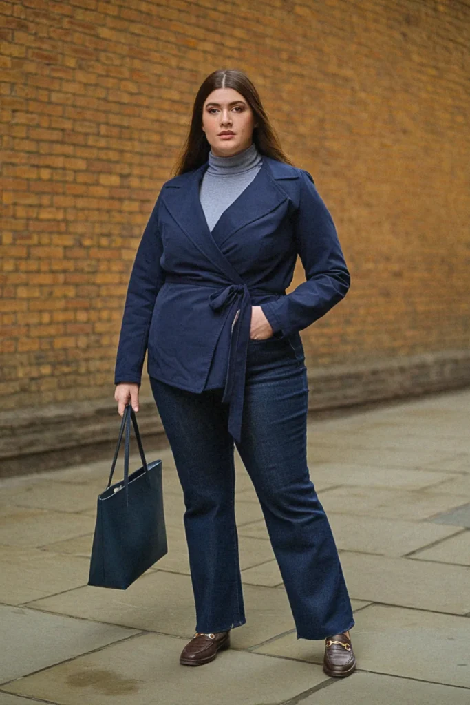 Plus Size Wrap Jacket And Straight Jeans Fall Outfit