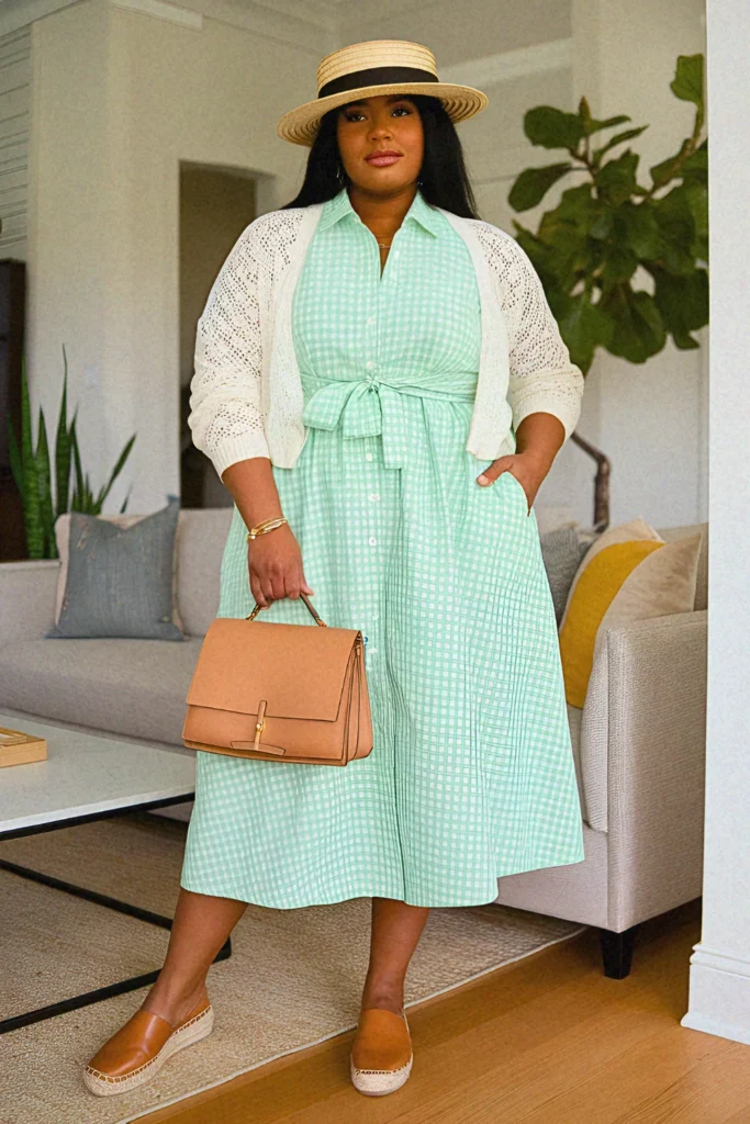 Plus Size Modest Belted Shirtdress and Cropped Cardigan Summer Outfit