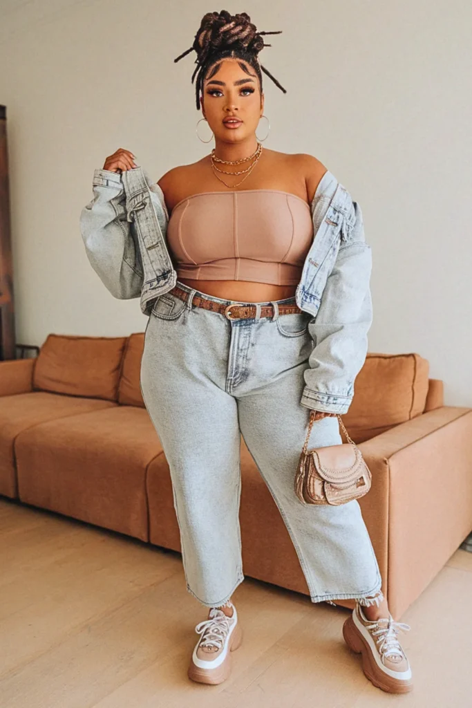 Plus Size Tube Top Denim Jacket Fall Outfit