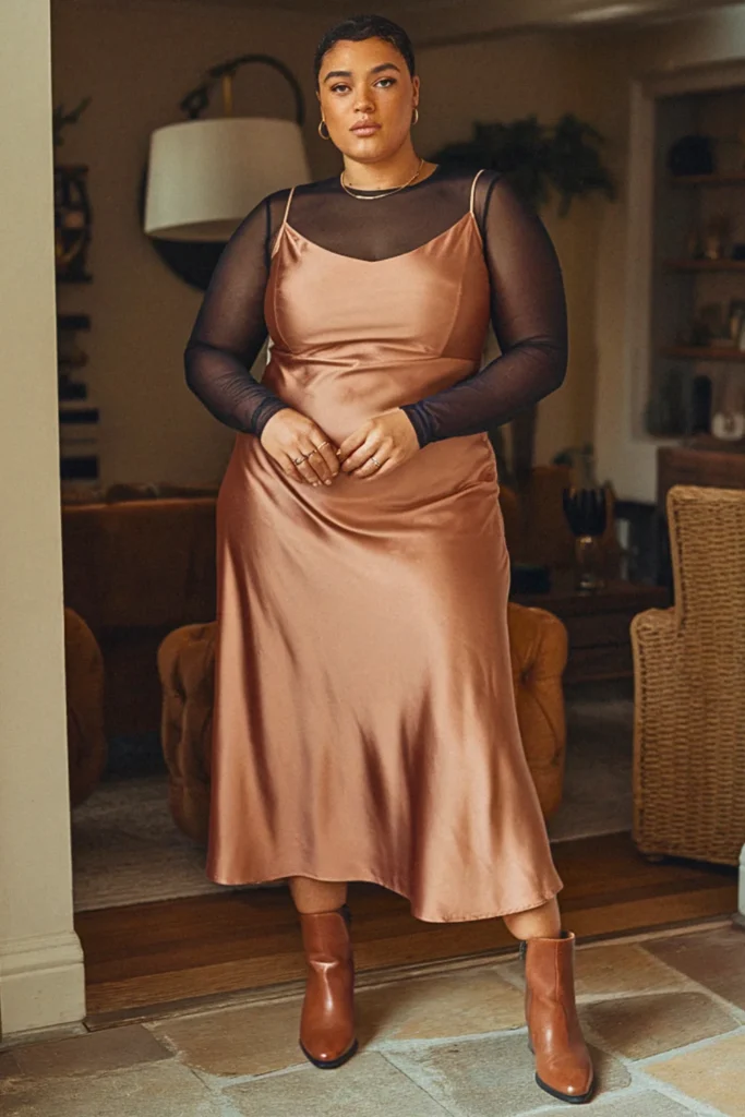Plus Size Mesh Long Sleeve and Slip Dress Fall Outfit