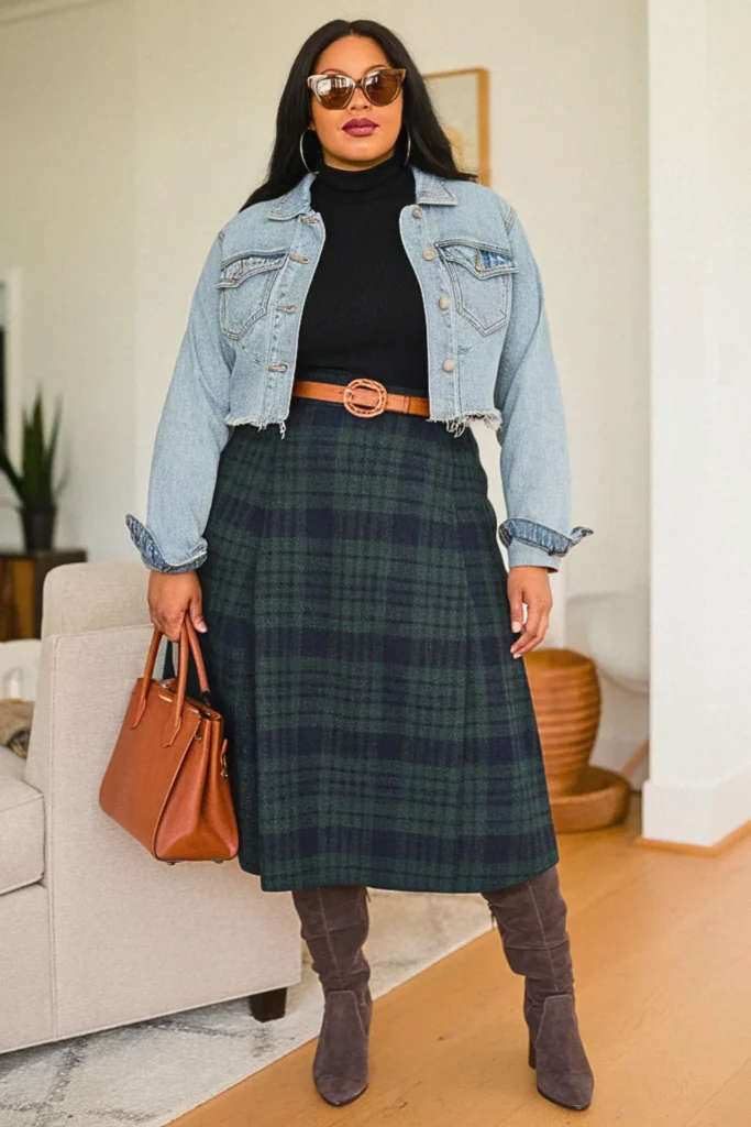 Plus Size Plaid Wool Long Fall Skirt Outfit