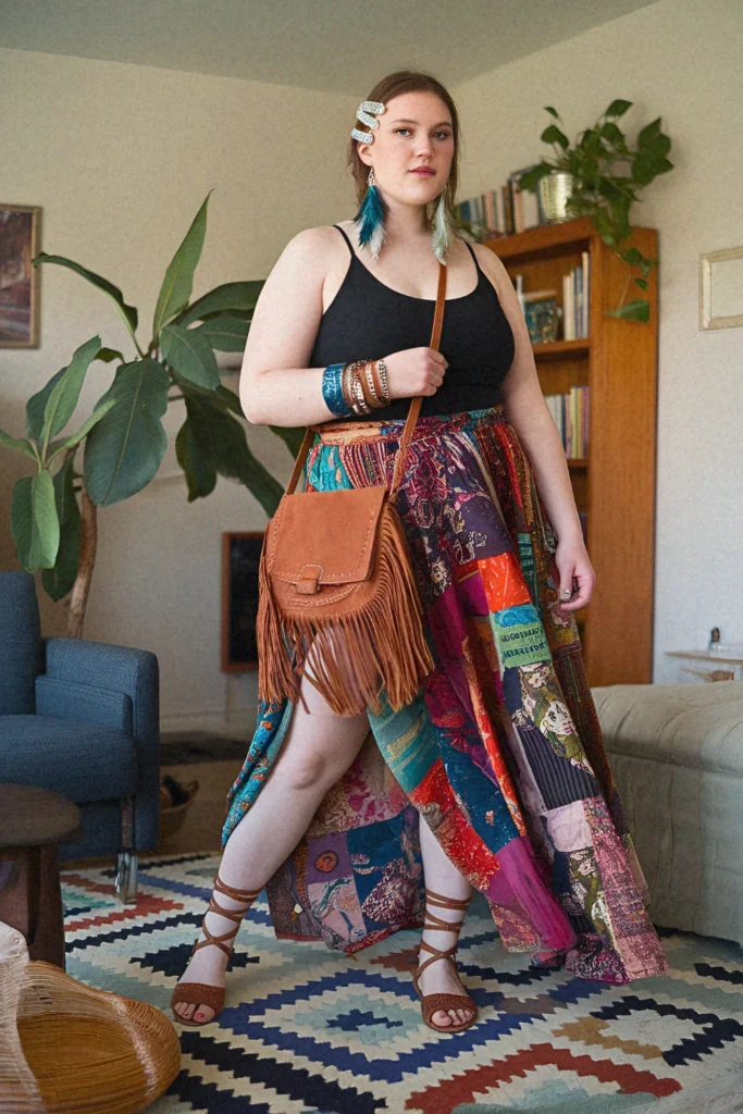 Plus Size Summer Bohemian Patchwork Long Skirt Outfit