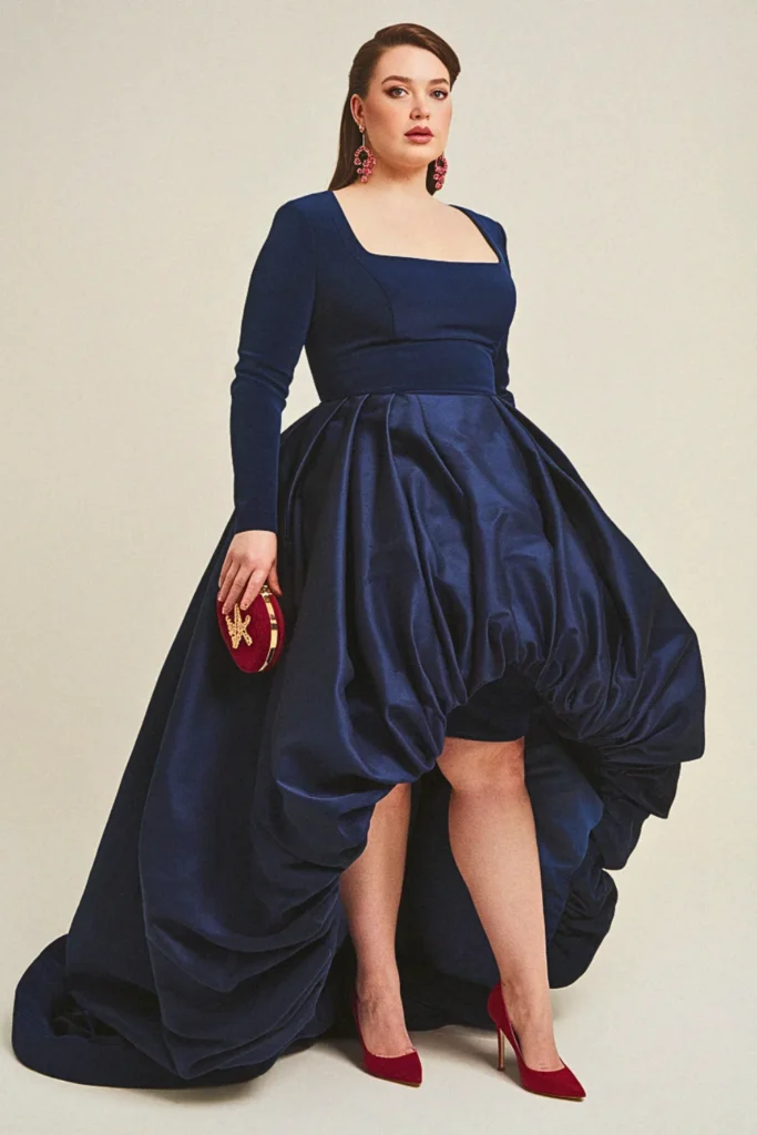 Plus Size Navy Blue High-Low Hemline Taffeta Wedding Guest Dress