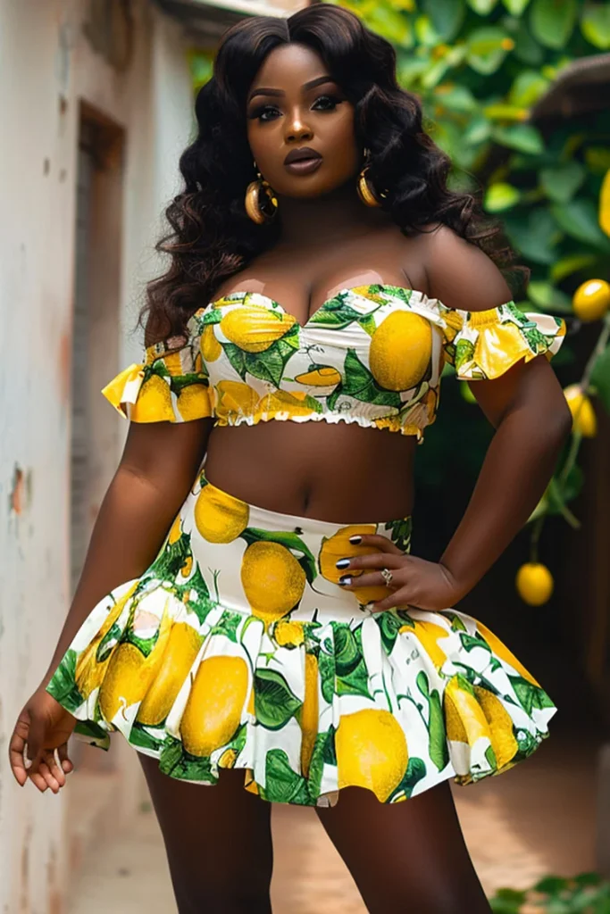 Plus Size Vacation Yellow Graphic Off The Shoulder Short Sleeve Pleated Two Piece Skirt Set
