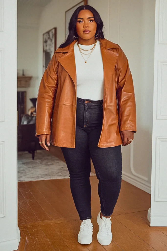 Plus Size Cognac Leather Jacket Fall Outfit