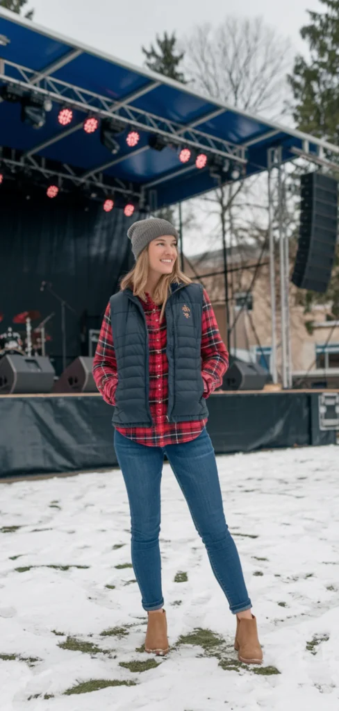 Classic Plaid and Denim Winter Country Concert Outfit