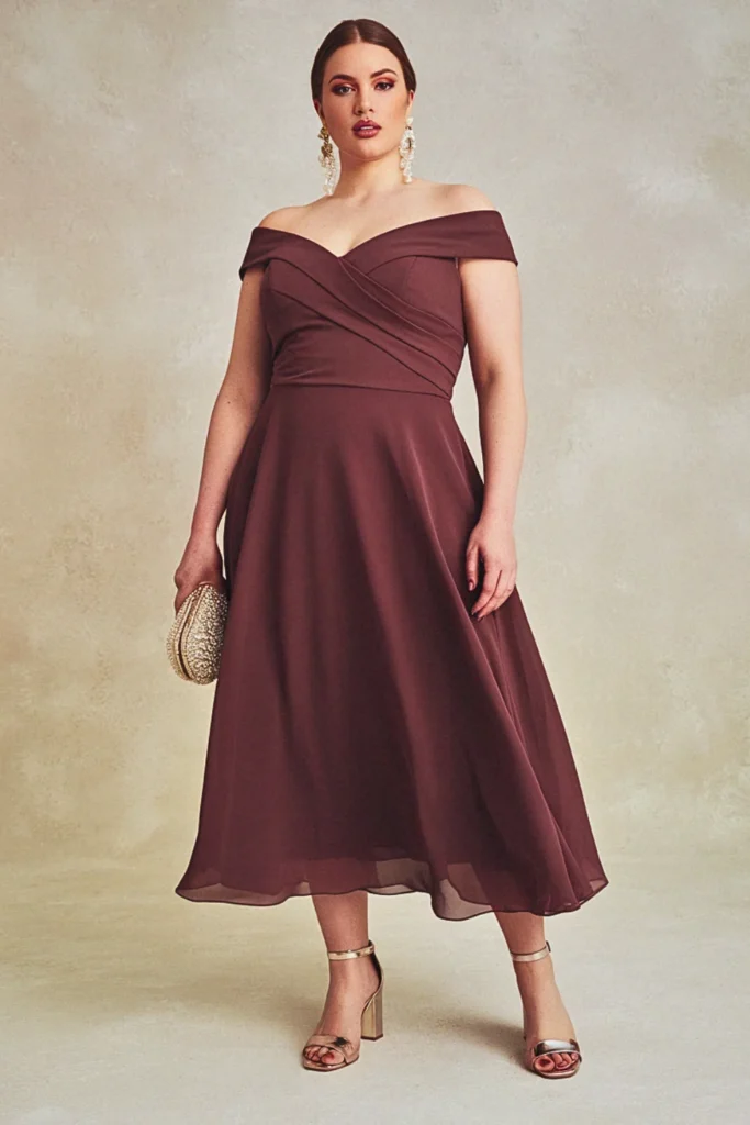Plus Size Bardot Neckline Chiffon A-Line Wedding Guest Dress